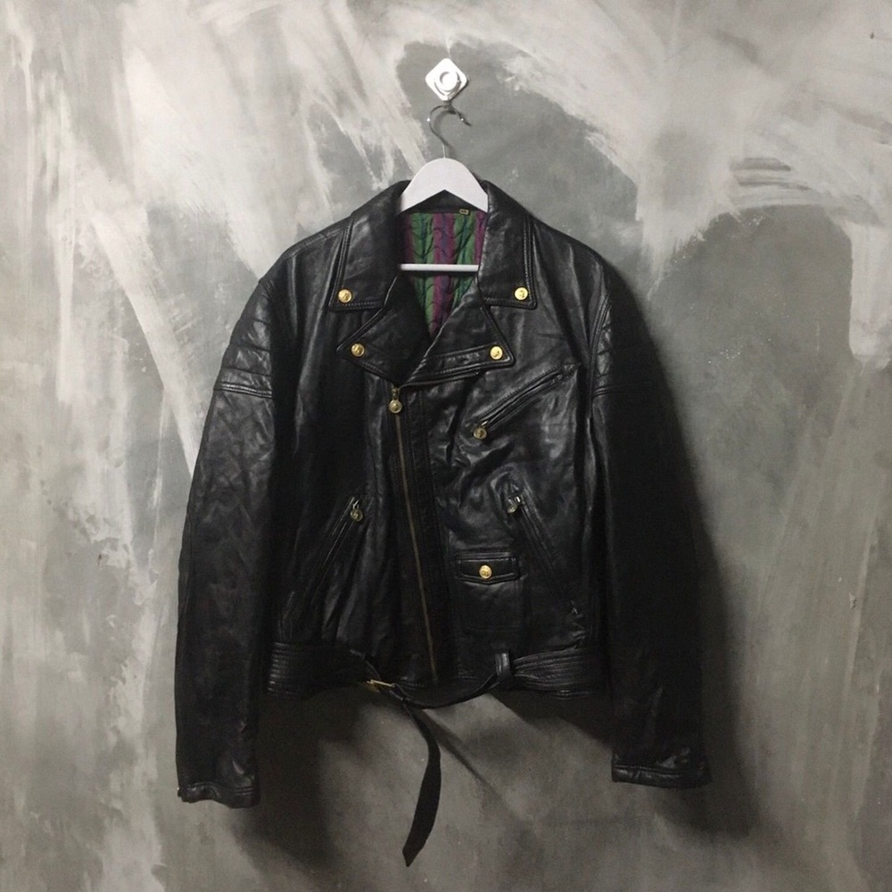 VERSUS GIANNI VERSACE VINTAGE BIKER LEATHER JACKET SILK LINING MADE IN ITALY